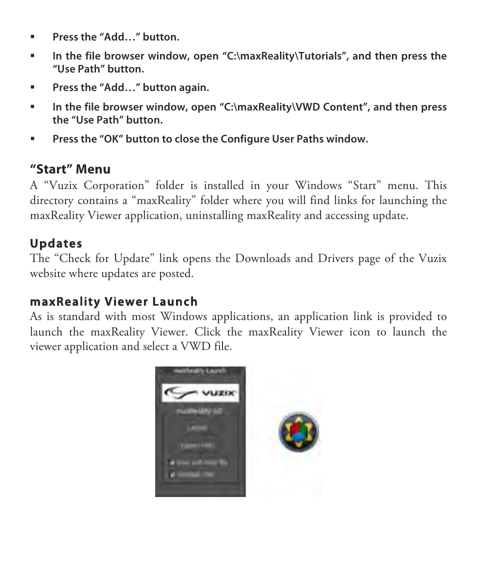 Start” menu | Vuzix maxReality 6.1 User Guide User Manual | Page 12 / 47