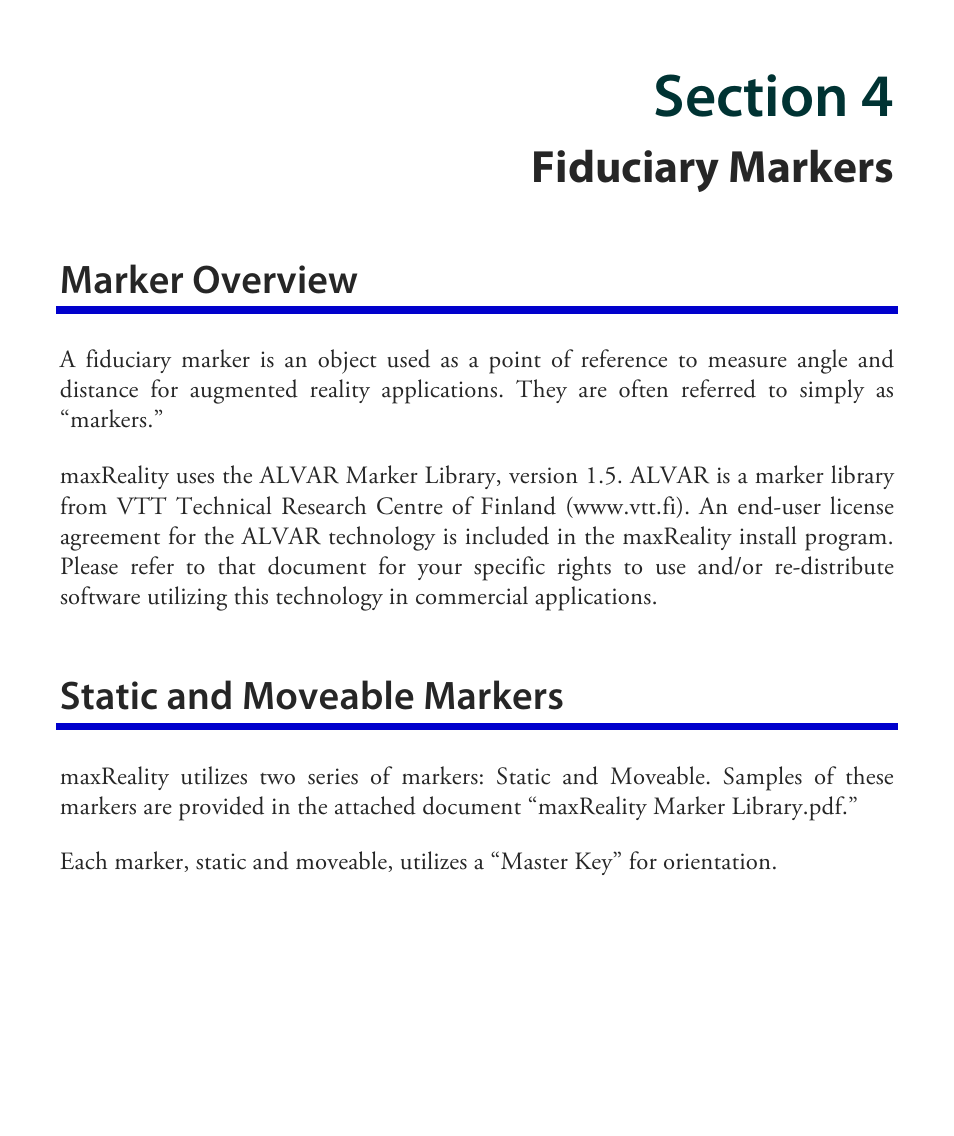 Fiduciary markers, Marker overview, Static and moveable markers | Vuzix maxReality 6.1 User Guide User Manual | Page 41 / 47