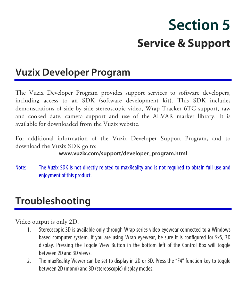 Service & support, Vuzix developer program, Troubleshooting | Vuzix maxReality 6.1 User Guide User Manual | Page 45 / 47