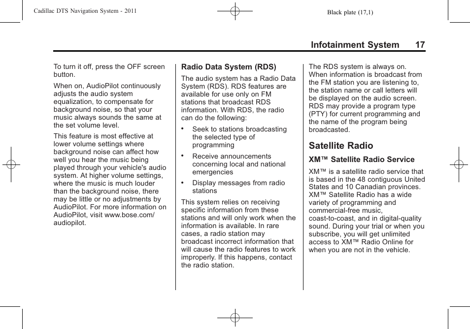 Satellite radio, Infotainment system 17 | Cadillac GPS Receiver User Manual | Page 17 / 68