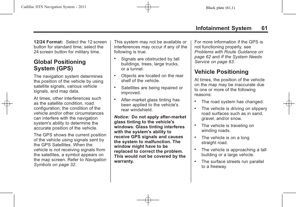 Global positioning system (gps), Vehicle positioning, Global positioning | System (gps), Infotainment system 61 | Cadillac GPS Receiver User Manual | Page 61 / 68