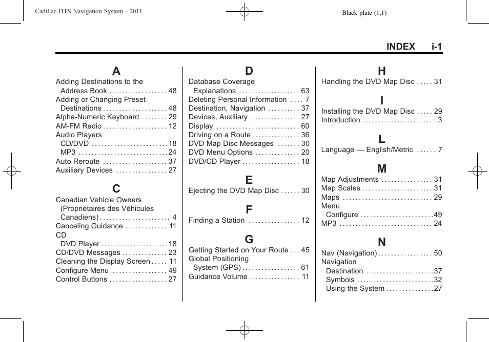 Index, Index_a, Index_c | Index_d, Index_e, Index_f, Index_g, Index_h, Index_i, Index_l | Cadillac GPS Receiver User Manual | Page 67 / 68