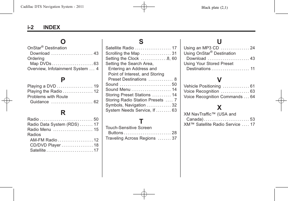 Index_o, Index_p, Index_r | Index_s, Index_t, Index_u, Index_v, Index_x | Cadillac GPS Receiver User Manual | Page 68 / 68