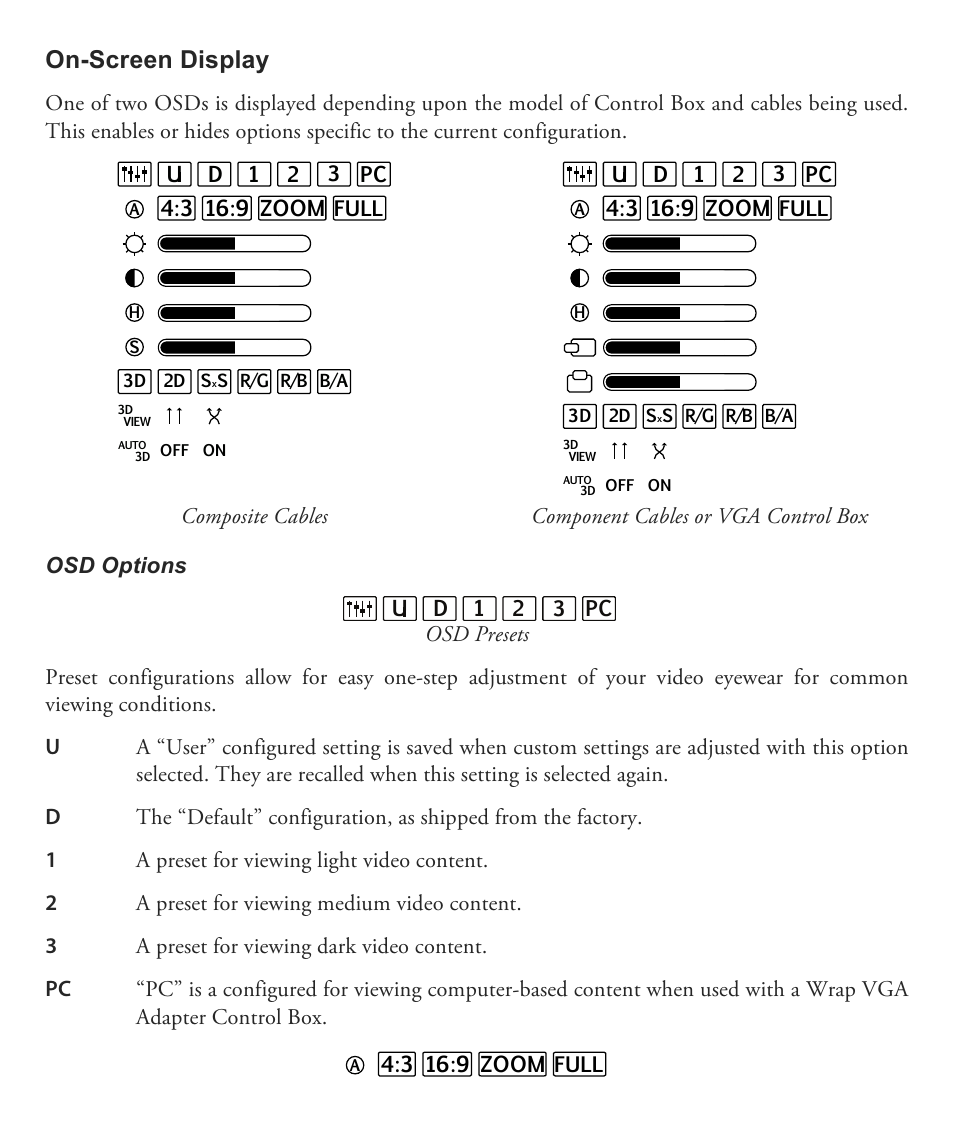 On-screen display, Battery control box osd vga control box osd | Vuzix Wrap 1200 Video Eyewear User Guide User Manual | Page 17 / 25