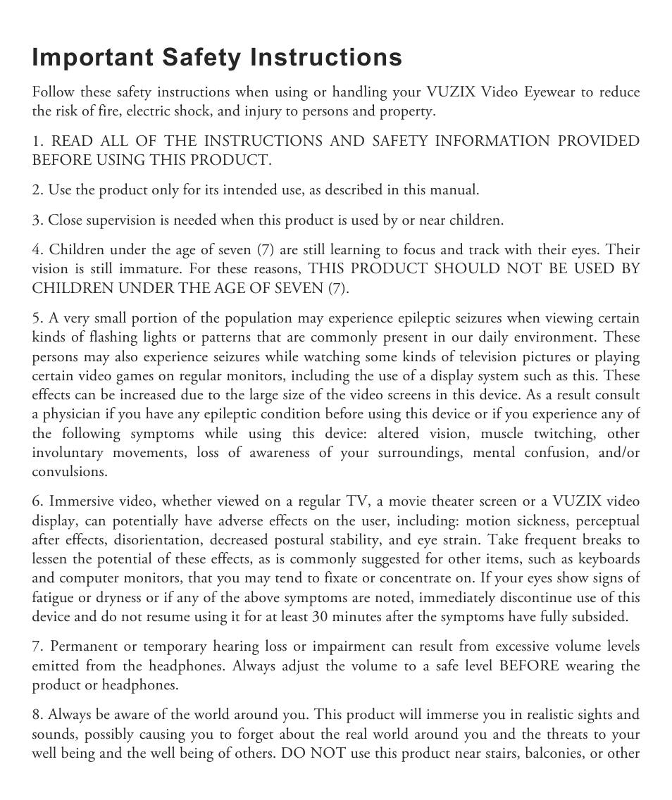 Important safety instructions | Vuzix Wrap 1200 Video Eyewear User Guide User Manual | Page 3 / 25