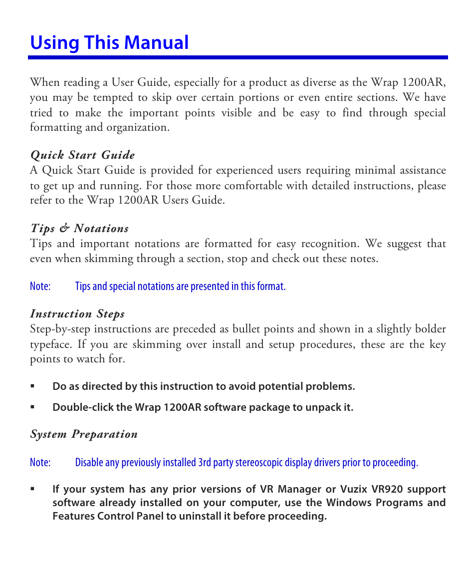 Using this manual | Vuzix Wrap 1200AR User Guide User Manual | Page 10 / 44