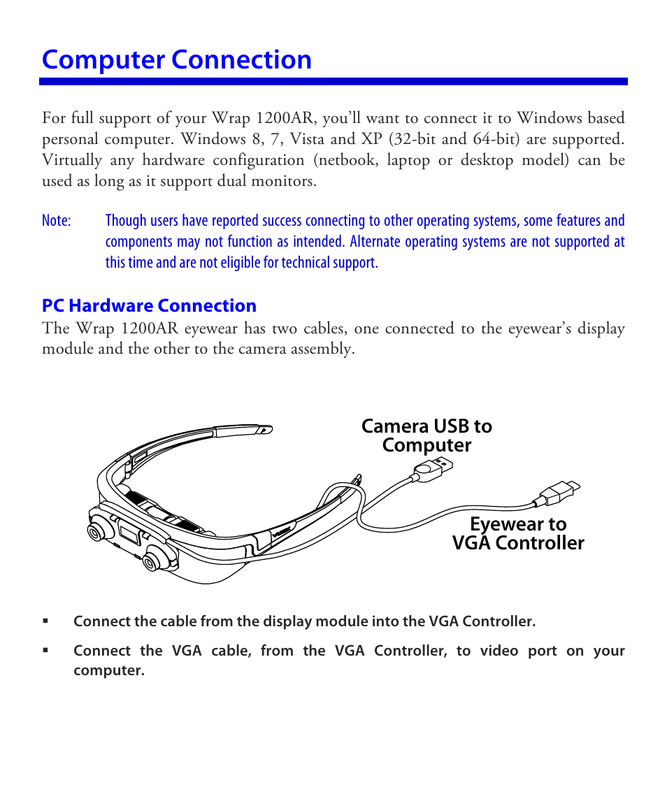 Computer connection, Camera usb to computer eyewear to vga controller | Vuzix Wrap 1200AR User Guide User Manual | Page 14 / 44