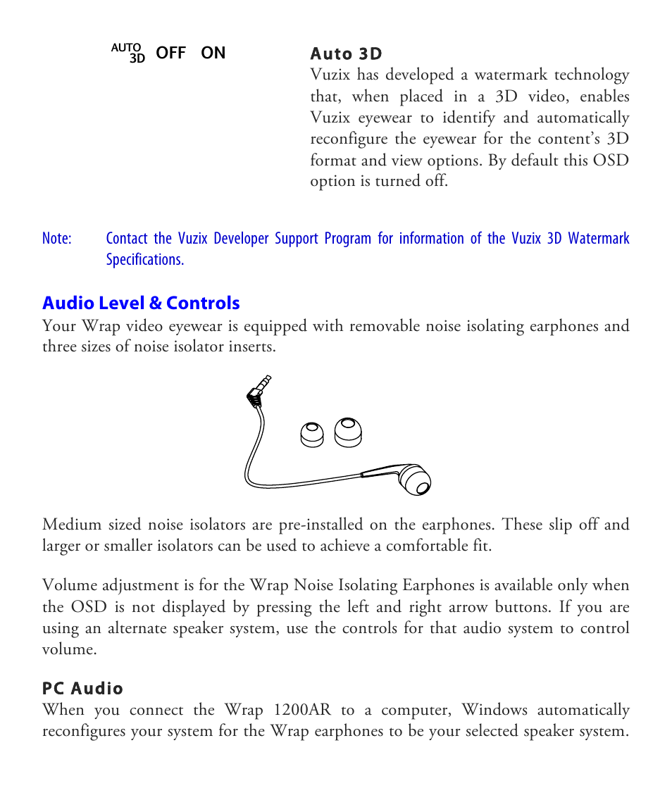 Audio level & controls | Vuzix Wrap 1200AR User Guide User Manual | Page 28 / 44
