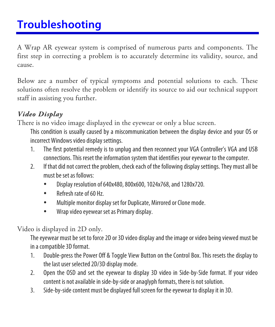 Troubleshooting | Vuzix Wrap 1200AR User Guide User Manual | Page 37 / 44
