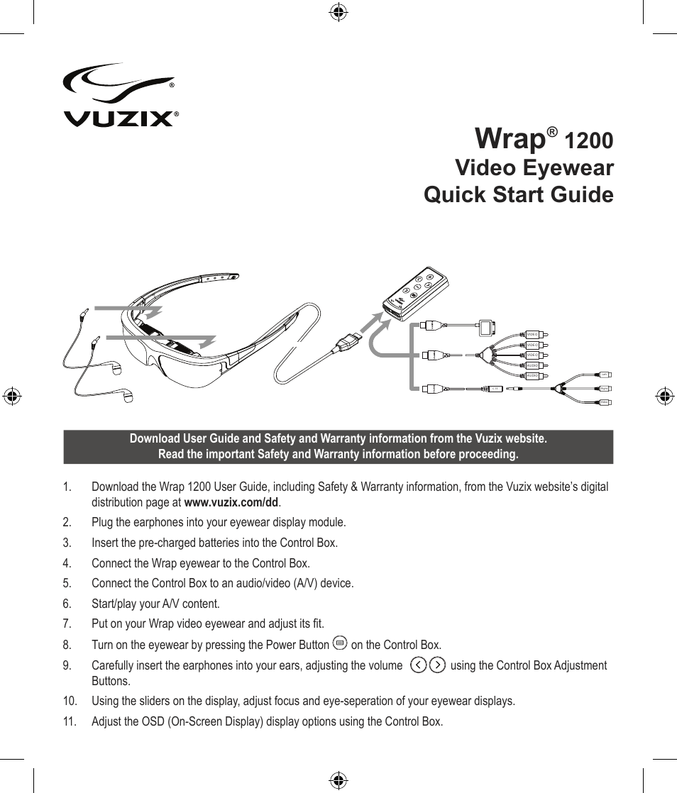 Vuzix Wrap 1200 Video Eyewear Quick Start Guide User Manual | 4 pages