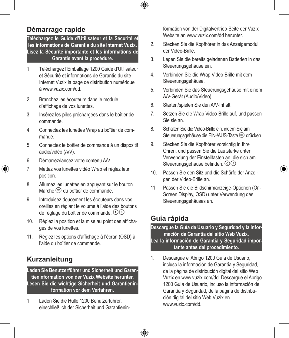 Démarrage rapide, Kurzanleitung, Guía rápida | Vuzix Wrap 1200 Video Eyewear Quick Start Guide User Manual | Page 2 / 4