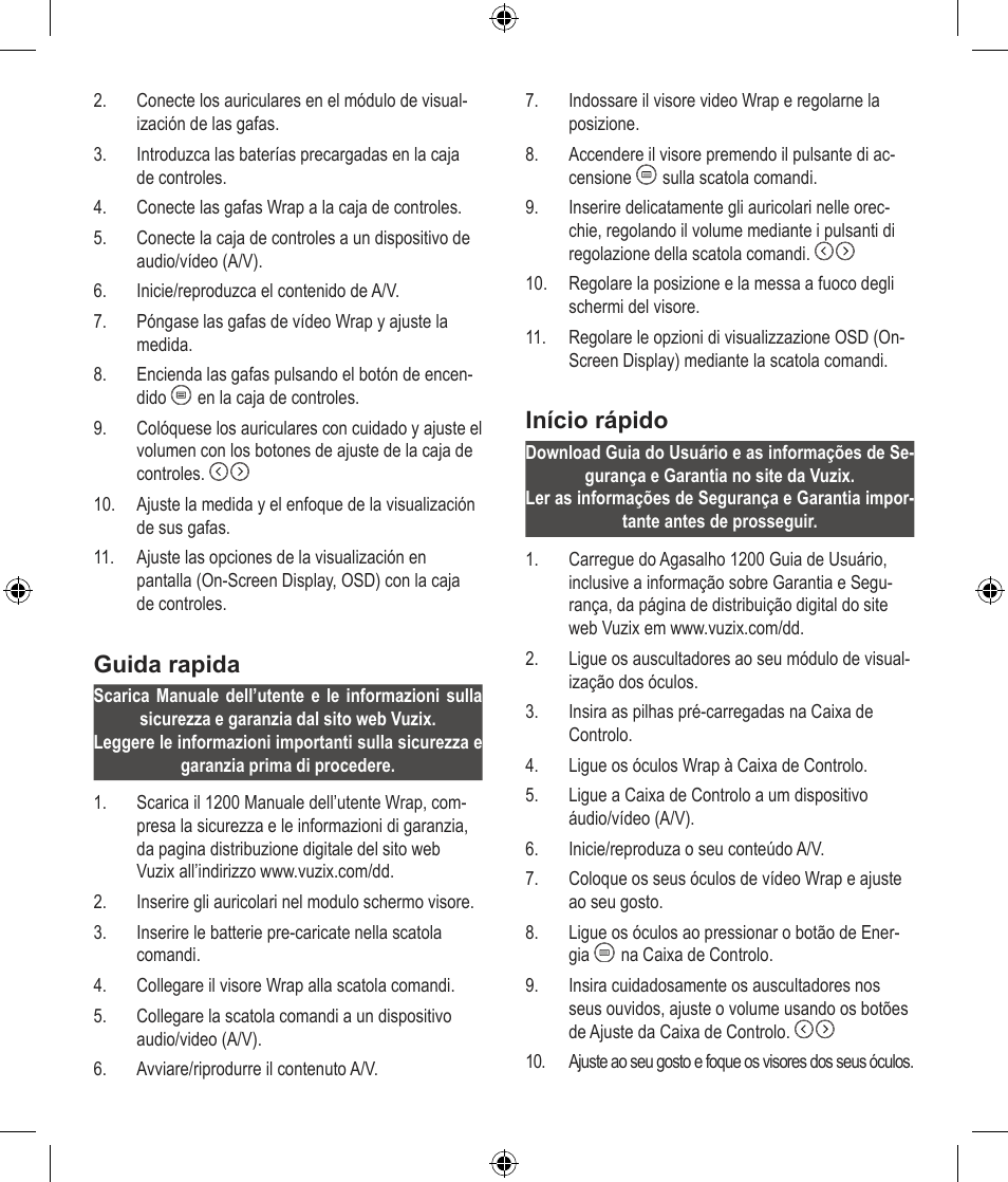 Guida rapida, Início rápido | Vuzix Wrap 1200 Video Eyewear Quick Start Guide User Manual | Page 3 / 4