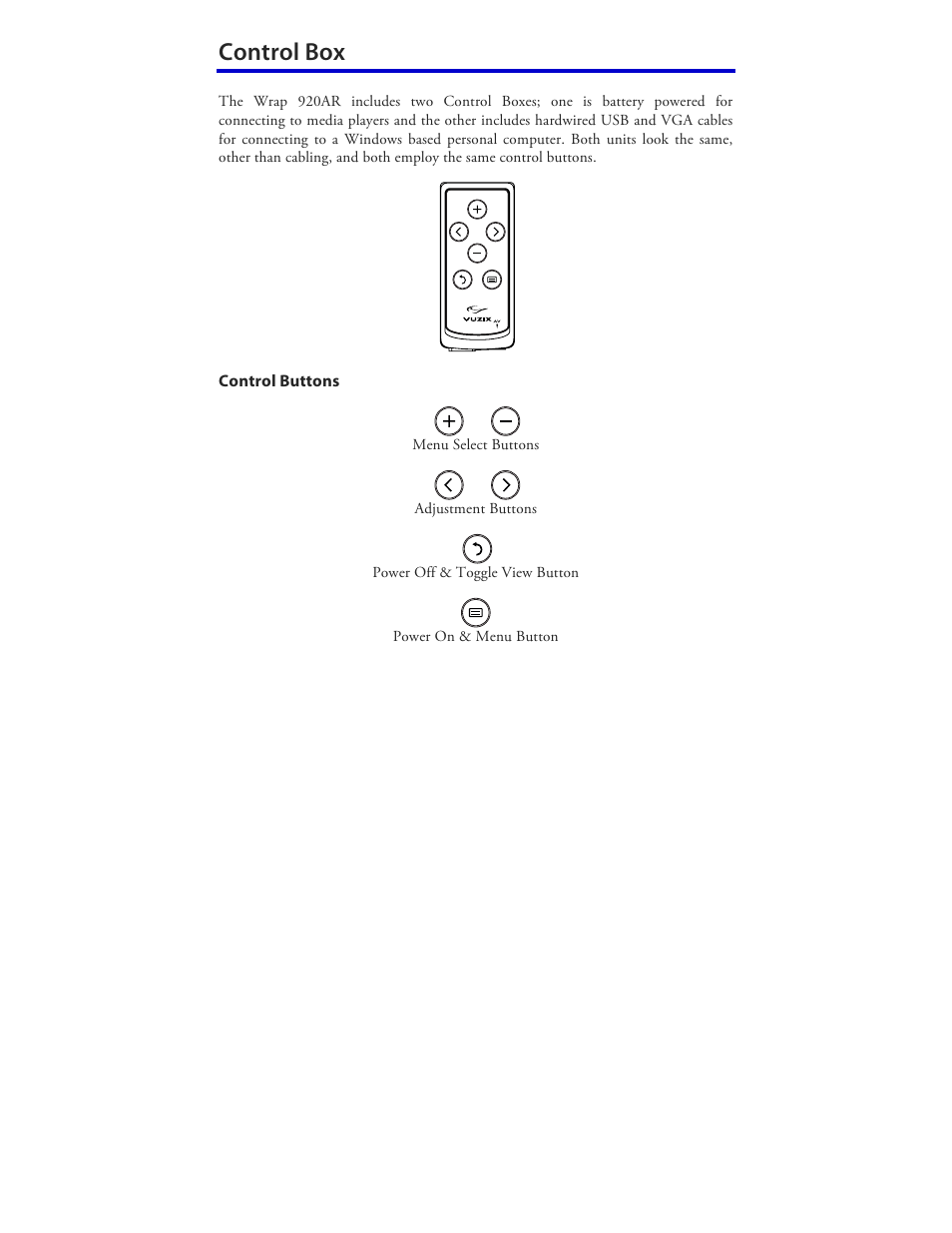 Control box | Vuzix Wrap 920AR User Manual | Page 26 / 101