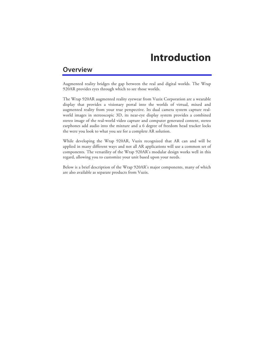 Introduction, Overview | Vuzix Wrap 920AR User Manual | Page 6 / 101