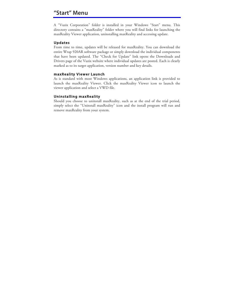 Start” menu | Vuzix Wrap 920AR User Manual | Page 79 / 101