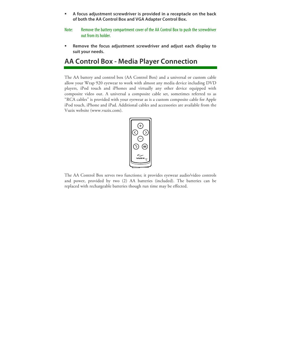 Aa control box - media player connection | Vuzix Wrap 920 VR Bundle User Manual | Page 12 / 51