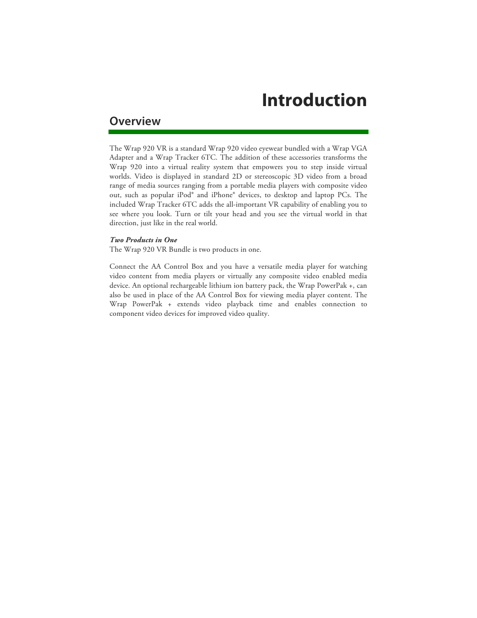 Introduction, Overview | Vuzix Wrap 920 VR Bundle User Manual | Page 4 / 51