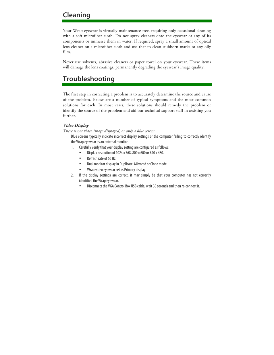 Cleaning, Troubleshooting | Vuzix Wrap 920 VR Bundle User Manual | Page 47 / 51