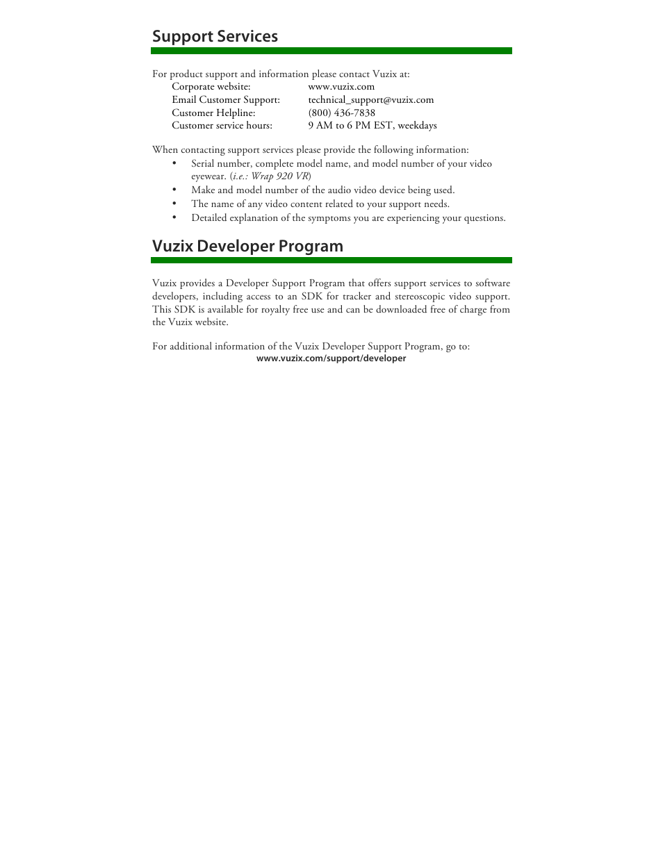 Support services, Vuzix developer program | Vuzix Wrap 920 VR Bundle User Manual | Page 49 / 51