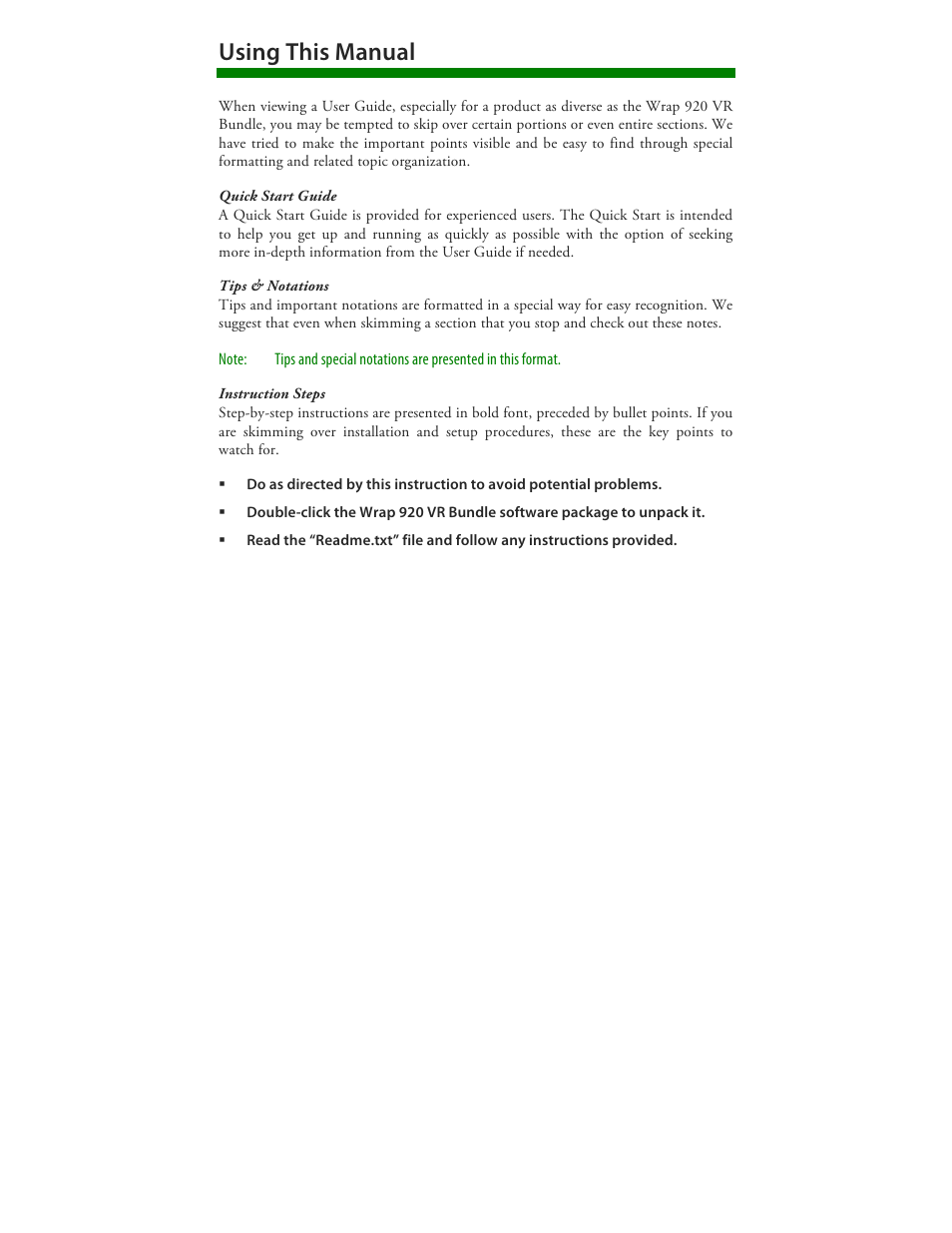 Using this manual | Vuzix Wrap 920 VR Bundle User Manual | Page 7 / 51