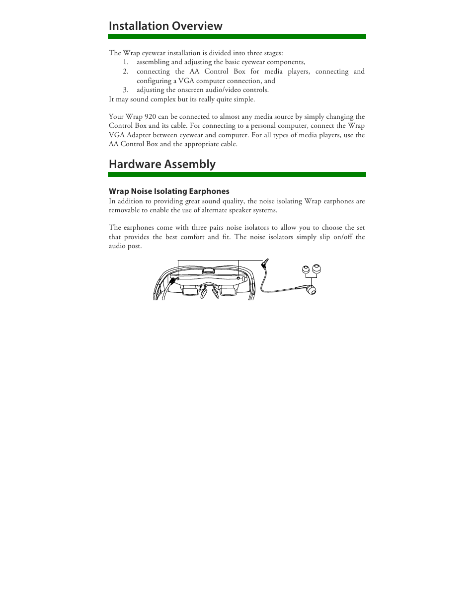 Installation overview, Hardware assembly | Vuzix Wrap 920 VR Bundle User Manual | Page 9 / 51