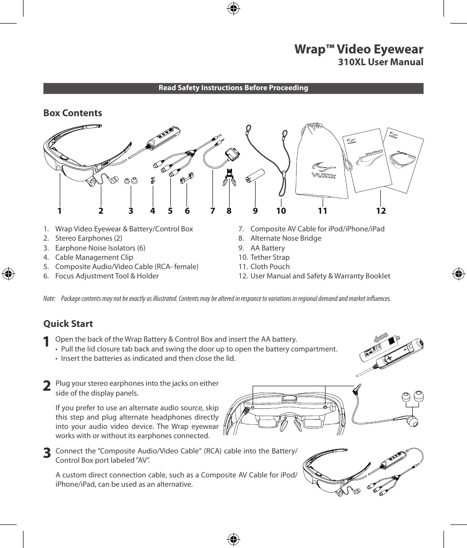 Wrap™ video eyewear, 310xl user manual, Box contents | Quick start | Vuzix Wrap 310XL User Manual | Page 3 / 8