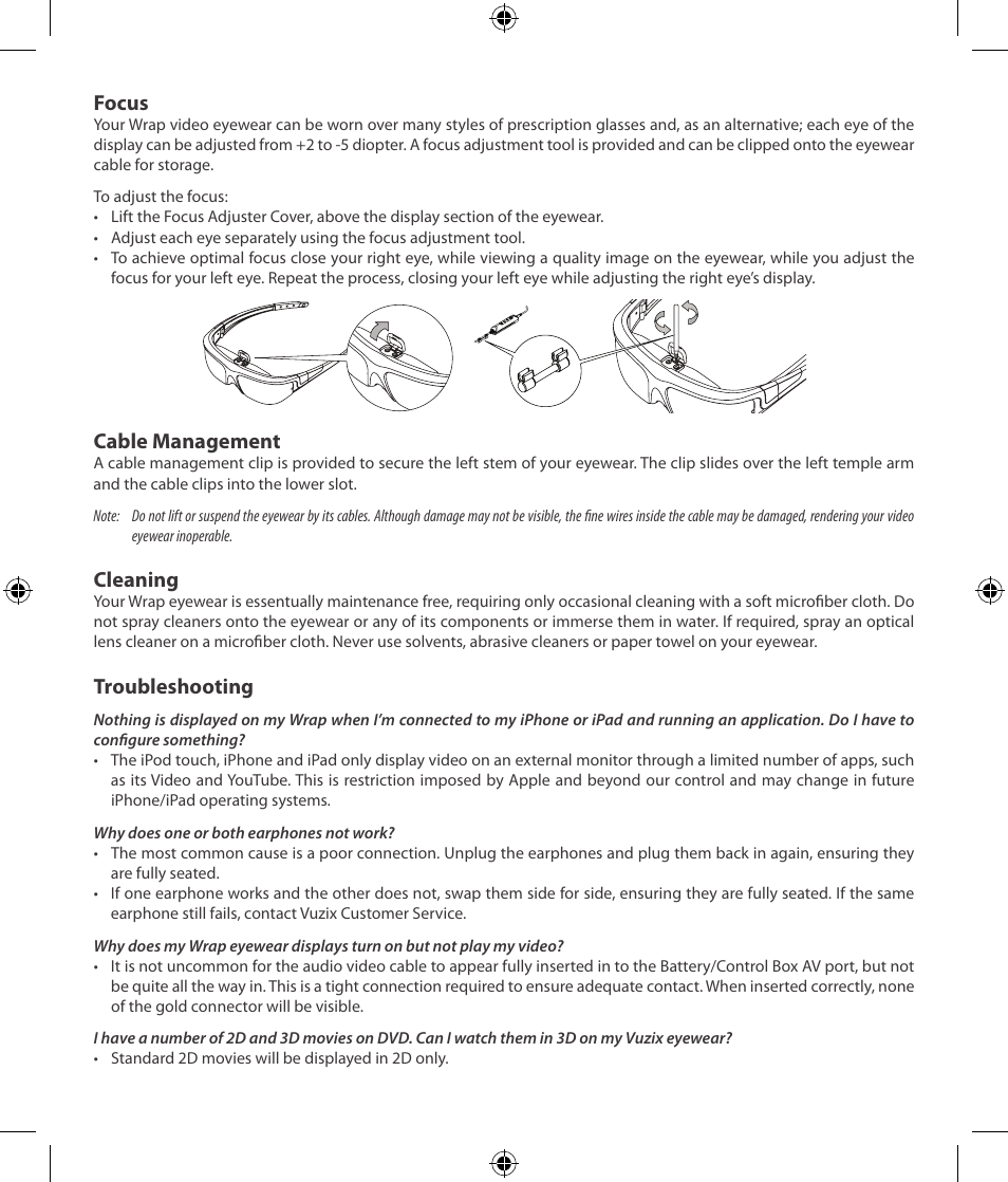 Focus, Cable management, Cleaning | Troubleshooting | Vuzix Wrap 310XL User Manual | Page 6 / 8