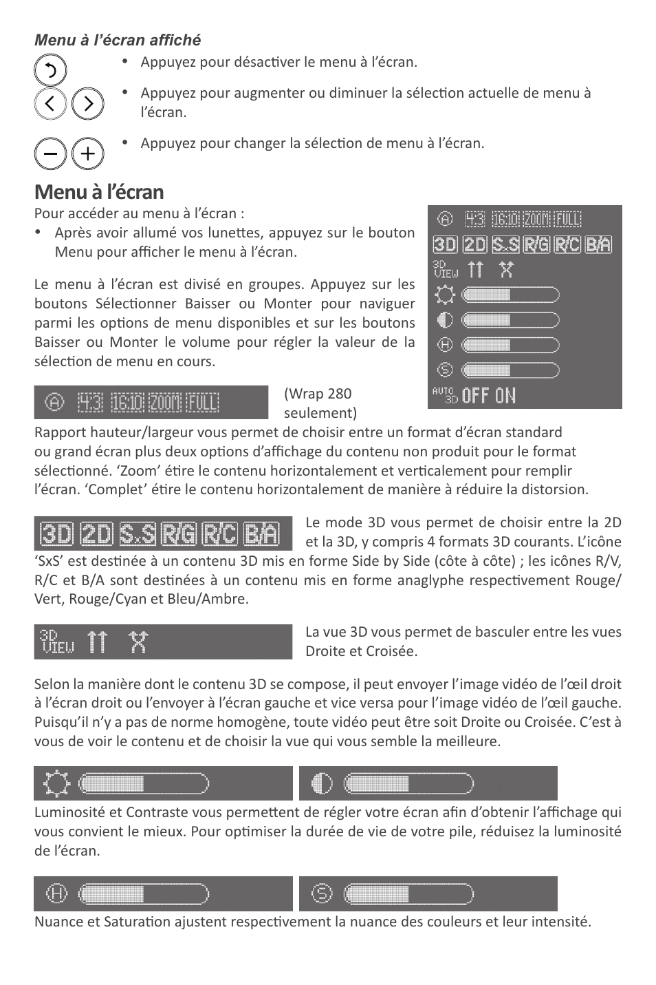 Menu à l’écran | Vuzix Wrap Video Eyewear User Manual | Page 13 / 48
