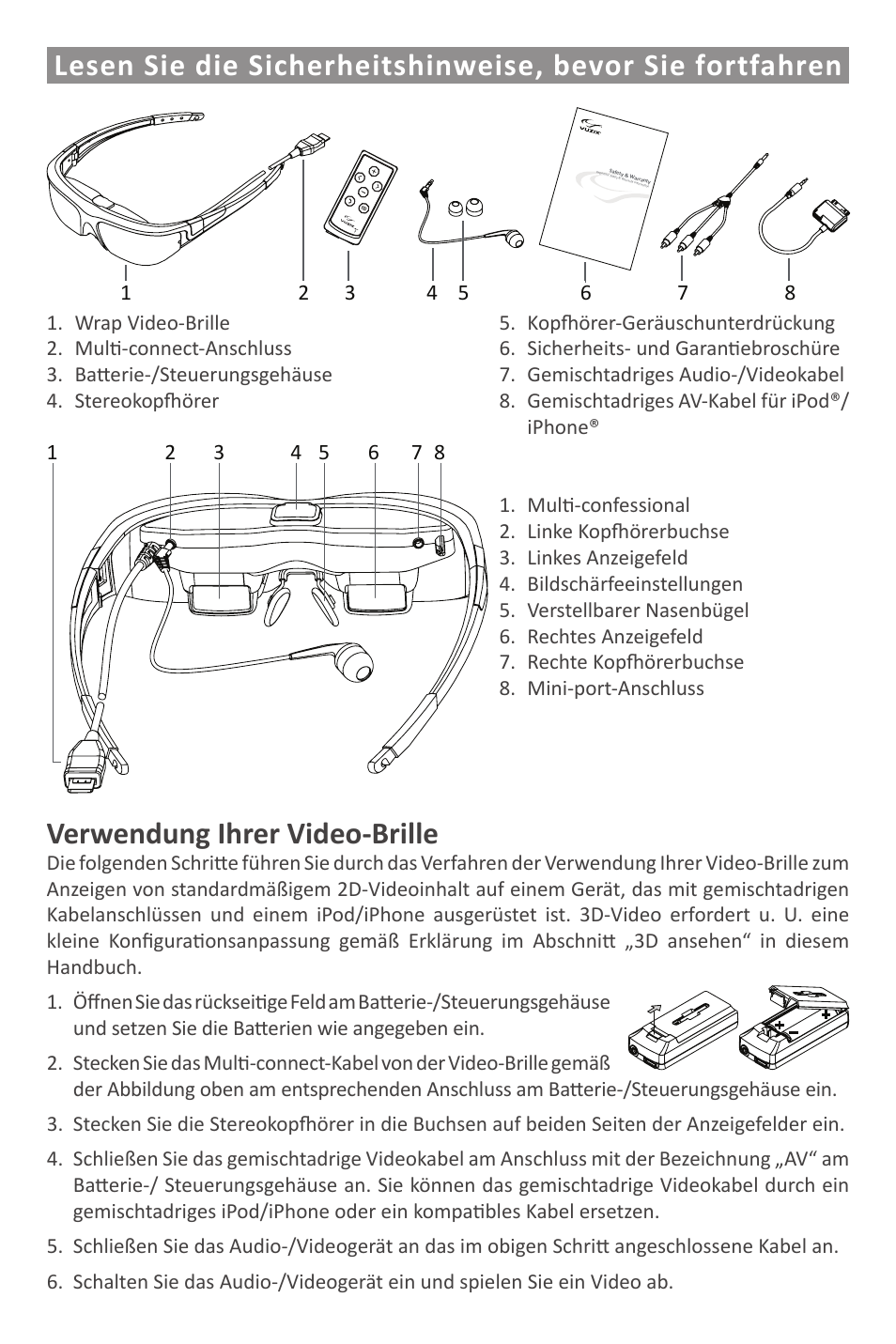 Verwendung ihrer video-brille | Vuzix Wrap Video Eyewear User Manual | Page 18 / 48
