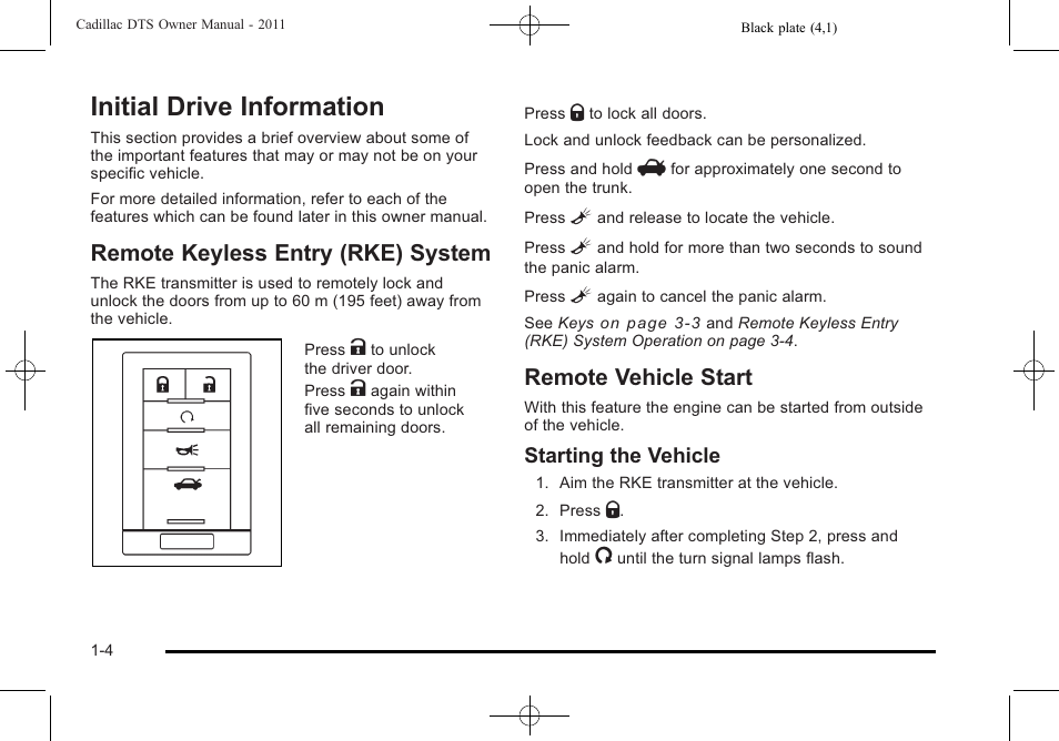 Initial drive information, Remote keyless entry (rke) system, Remote vehicle start | Initial drive information -4, Mirrors, Starting the vehicle | Cadillac 2011 DTS User Manual | Page 10 / 470