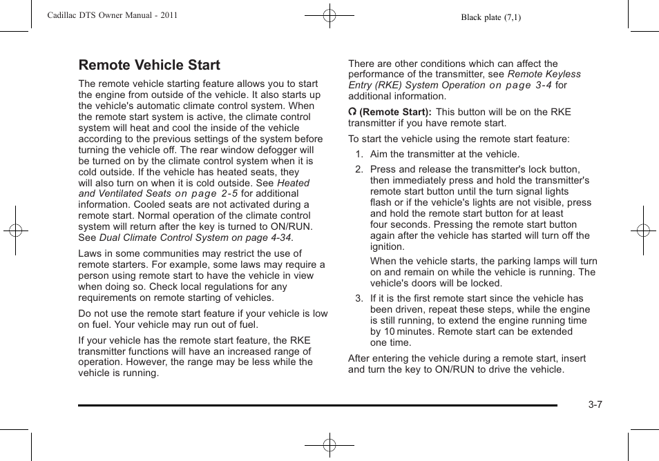 Remote vehicle start, Remote vehicle start -7 | Cadillac 2011 DTS User Manual | Page 111 / 470