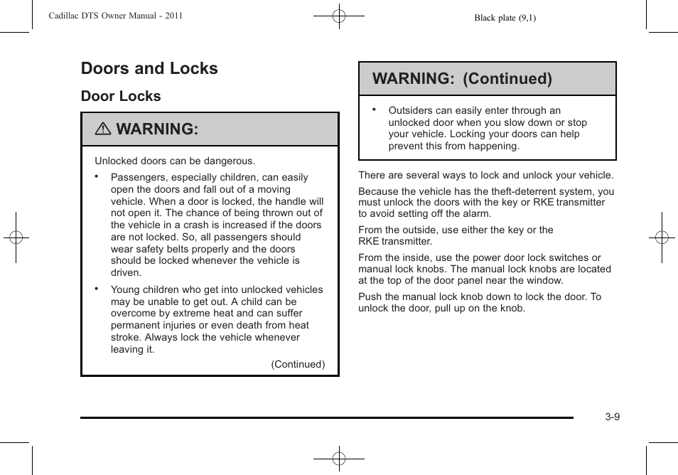 Doors and locks, Door locks, Doors and locks -9 | Towing, Door locks -9, Warning, Warning: (continued) | Cadillac 2011 DTS User Manual | Page 113 / 470