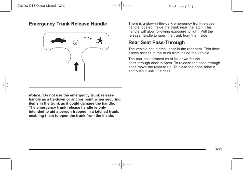 Emergency trunk release handle, Rear seat pass‐through | Cadillac 2011 DTS User Manual | Page 117 / 470