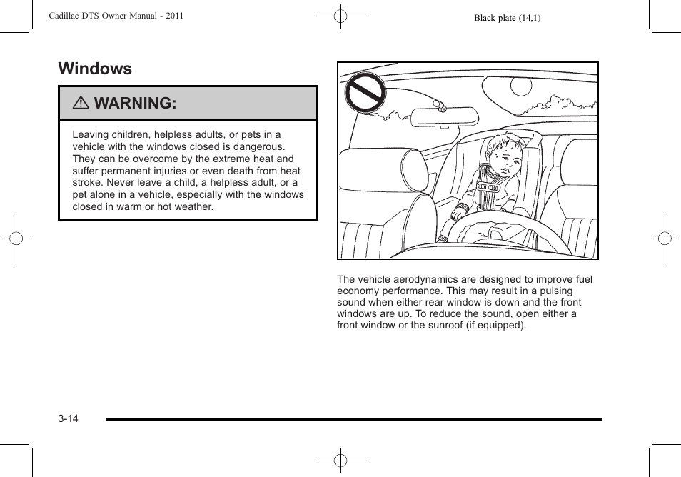 Windows, Windows -14, Warning | Cadillac 2011 DTS User Manual | Page 118 / 470