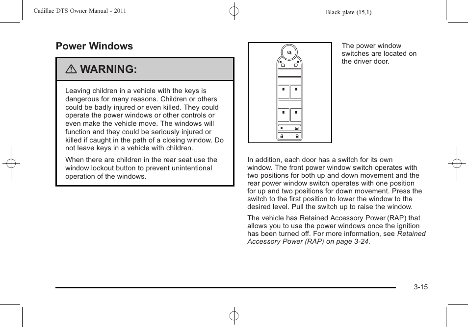 Power windows, Power windows -15, Mirrors | Warning | Cadillac 2011 DTS User Manual | Page 119 / 470