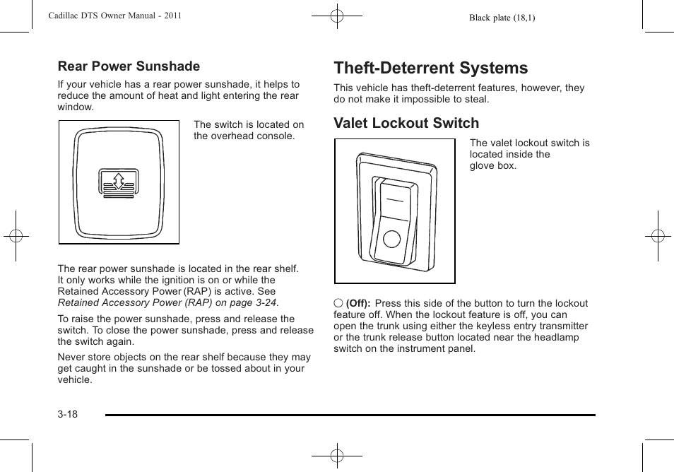 Theft-deterrent systems, Valet lockout switch, Theft-deterrent systems -18 | Valet lockout switch -18, Rear power sunshade | Cadillac 2011 DTS User Manual | Page 122 / 470