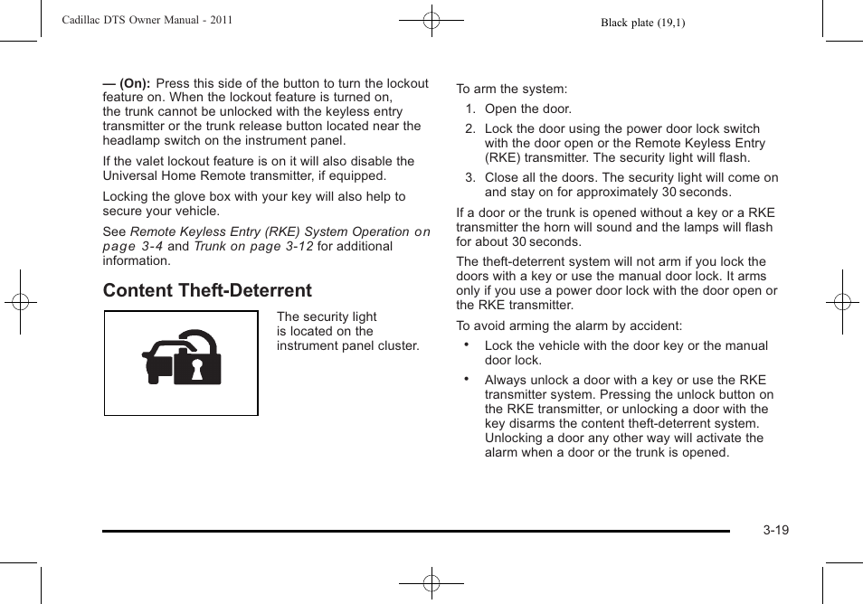 Content theft-deterrent, Content theft-deterrent -19 | Cadillac 2011 DTS User Manual | Page 123 / 470