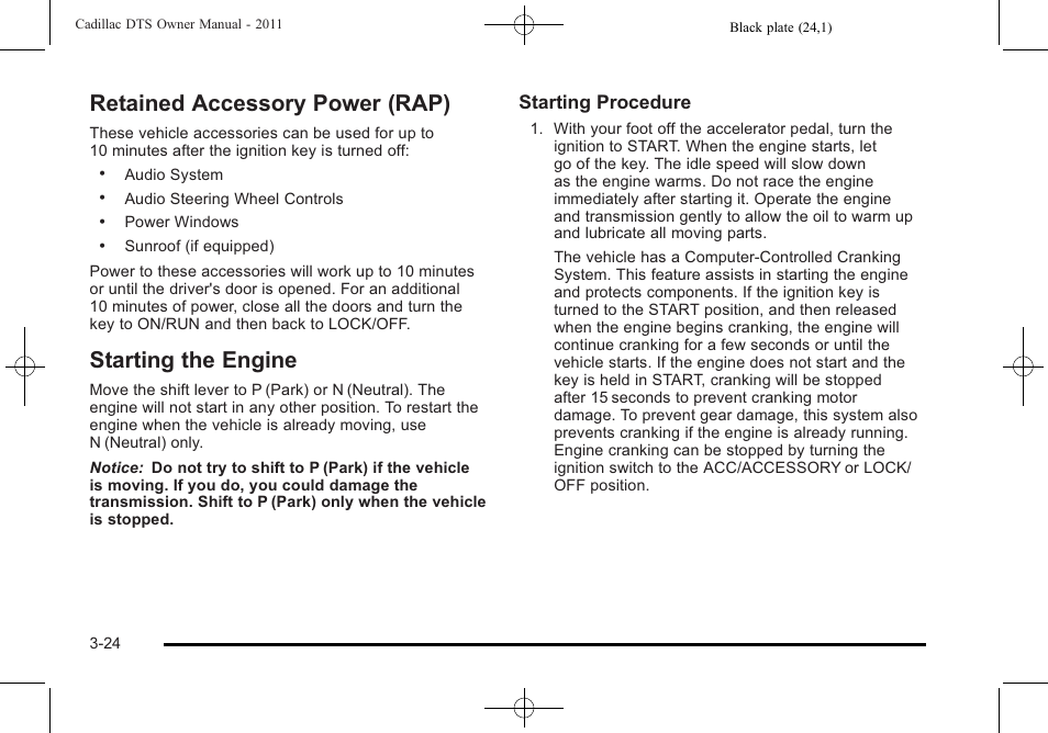 Retained accessory power (rap), Starting the engine | Cadillac 2011 DTS User Manual | Page 128 / 470