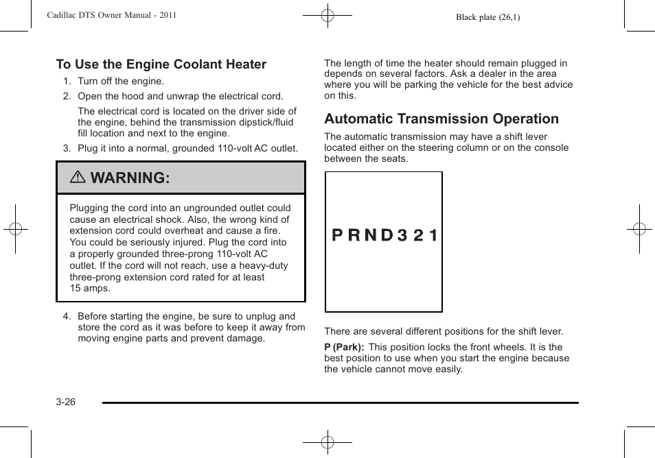 Automatic transmission operation, Automatic transmission operation -26, Warning | Cadillac 2011 DTS User Manual | Page 130 / 470