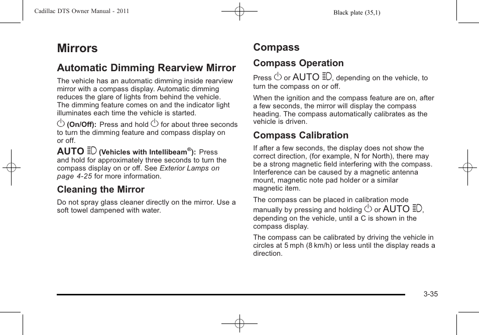 Mirrors, Automatic dimming rearview mirror, Compass | Automatic dimming rearview mirror -35 compass -35 | Cadillac 2011 DTS User Manual | Page 139 / 470