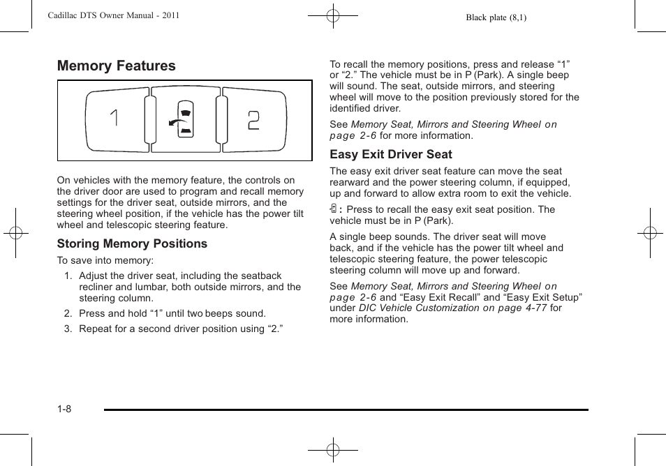 Memory features, Memory features -8 | Cadillac 2011 DTS User Manual | Page 14 / 470