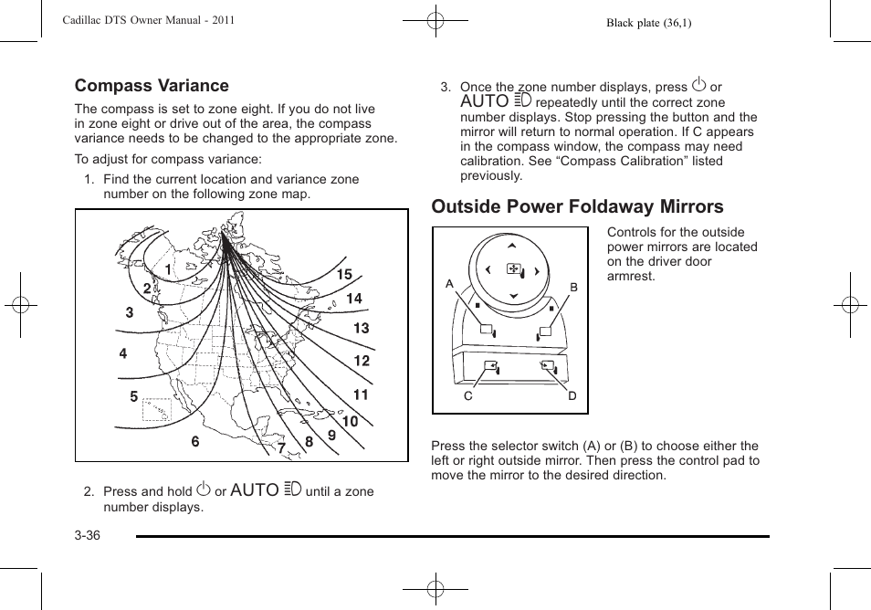 Outside power foldaway mirrors, Outside power foldaway mirrors -36, Compass variance | Auto 3 | Cadillac 2011 DTS User Manual | Page 140 / 470