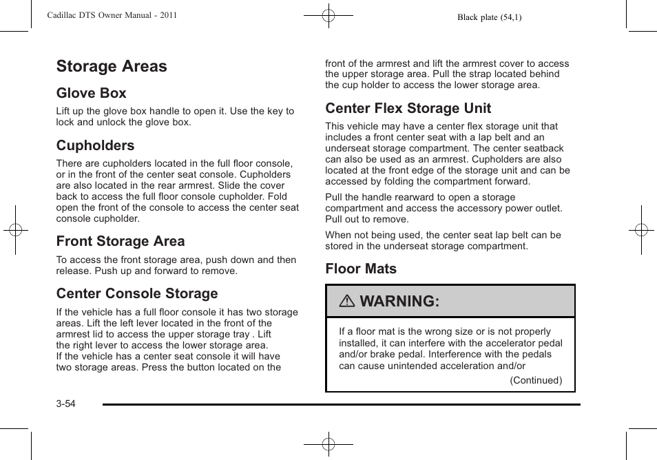 Storage areas, Glove box, Cupholders | Front storage area, Center console storage, Center flex storage unit, Floor mats, Storage areas -54, Warning | Cadillac 2011 DTS User Manual | Page 158 / 470