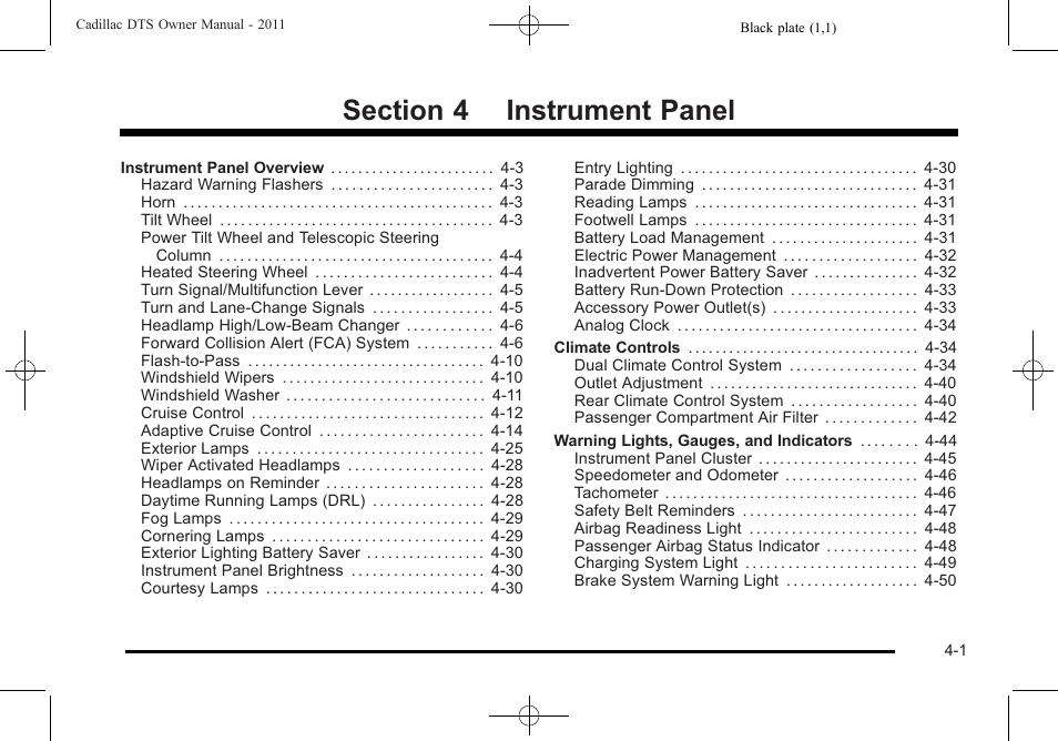 Instrument panel, Panel -1 | Cadillac 2011 DTS User Manual | Page 163 / 470