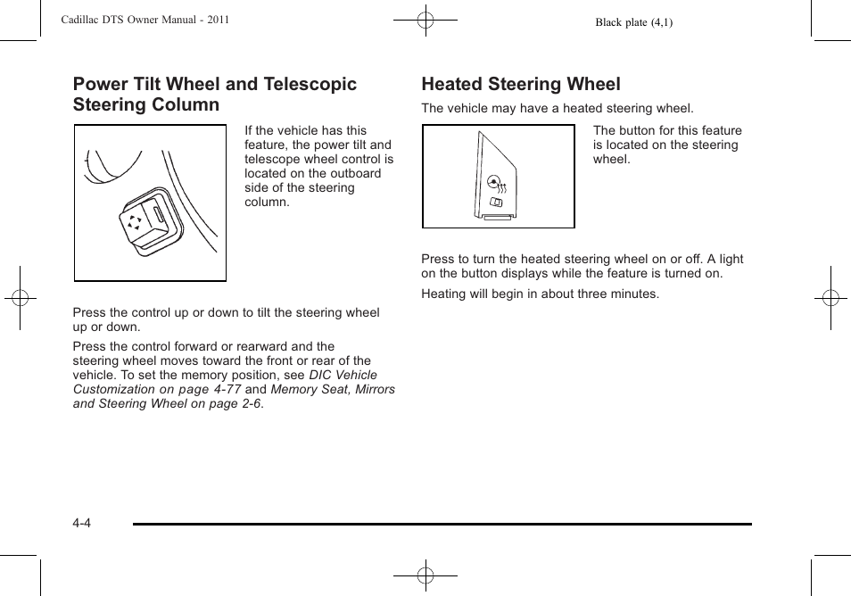 Power tilt wheel and telescopic steering column, Heated steering wheel, Power tilt wheel and telescopic steering | Column -4, Heated steering wheel -4 | Cadillac 2011 DTS User Manual | Page 166 / 470