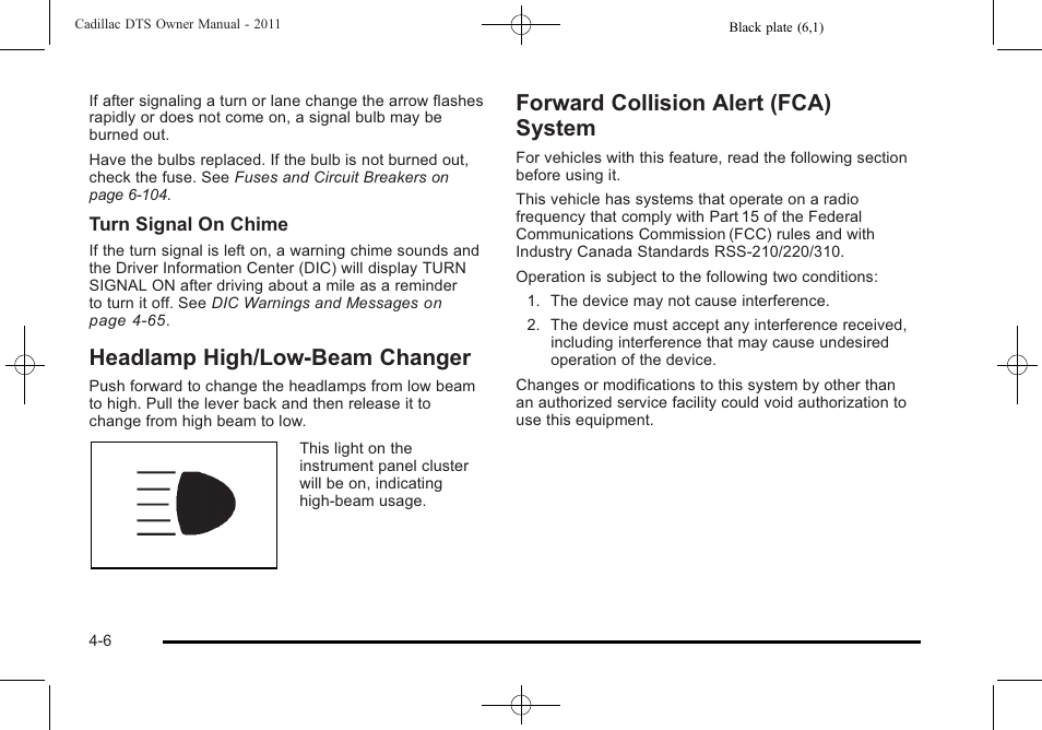 Headlamp high/low-beam changer, Forward collision alert (fca) system | Cadillac 2011 DTS User Manual | Page 168 / 470