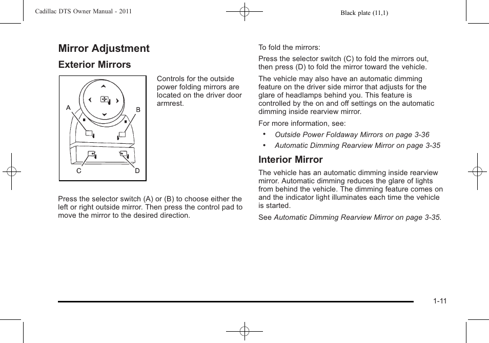 Mirror adjustment, Mirror adjustment -11, Exterior mirrors | Interior mirror | Cadillac 2011 DTS User Manual | Page 17 / 470