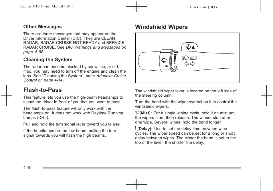 Flash-to-pass, Windshield wipers, Flash-to-pass -10 windshield wipers -10 | Cadillac 2011 DTS User Manual | Page 172 / 470