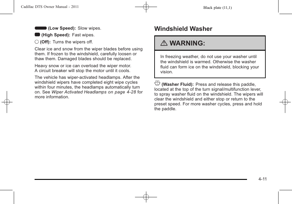Windshield washer, Windshield washer -11, Warning | Cadillac 2011 DTS User Manual | Page 173 / 470