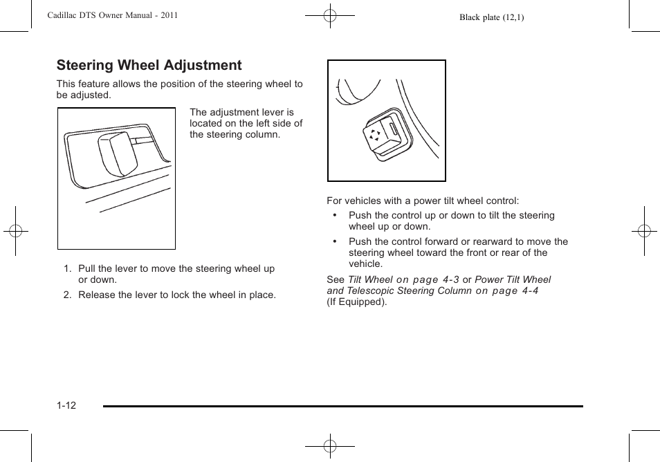 Steering wheel adjustment, Steering wheel adjustment -12 | Cadillac 2011 DTS User Manual | Page 18 / 470